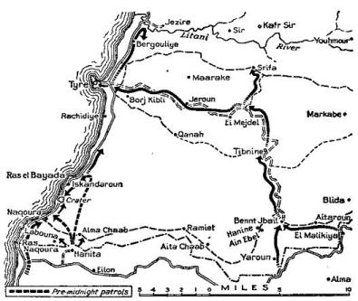 خريطة توضح مسارات تقدم اللواء الاسترالي الواحد و العشرون في الثامن من حزيران 1941 على الجبهة الساحلية
