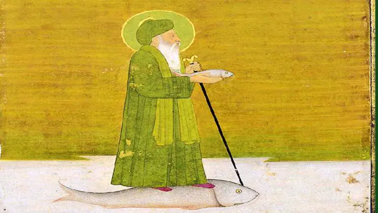 الخضر ماشياً على المياه، منمنمة إسلامية من الهند، القرن الثامن عشر، المكتبة الوطنية الفرنسية