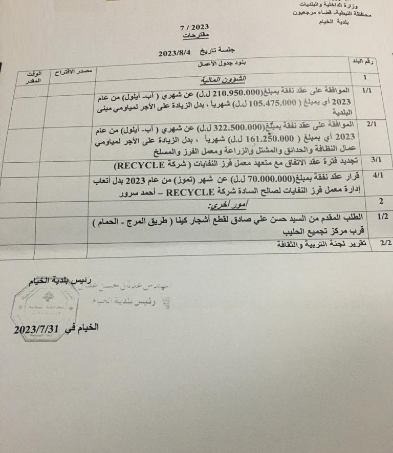 بلدية الخيام في موت سريري، كسائر مؤسسات الدولة، والدليل جدول أعمال الجلسة القادمة للمجلس البلدي