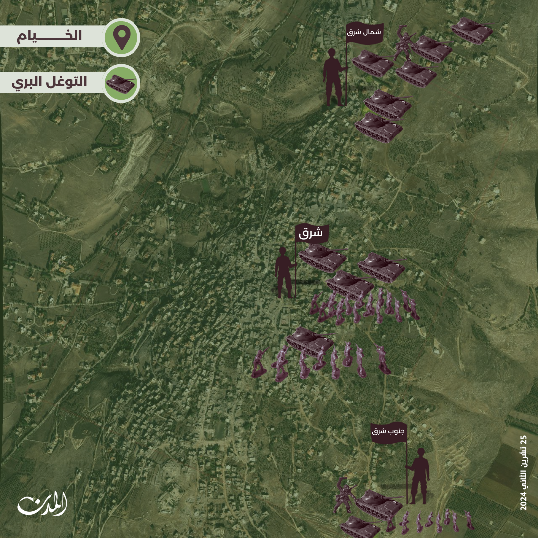 (خريطة انتشار قوّات الجيش الإسرائيليّ المتوغّلة، شمال الخيام وعند حدودها الشرقيّة - \