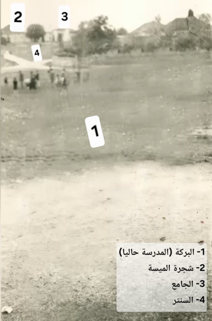 صورة من عشرات العقود تظهر فيها البركة (حيث تم على أرضها بناء المدرسة لاحقا)، شجرة الميسة، حسينية الخيام وحيث تم بناء السنتر أيام الاحتلال