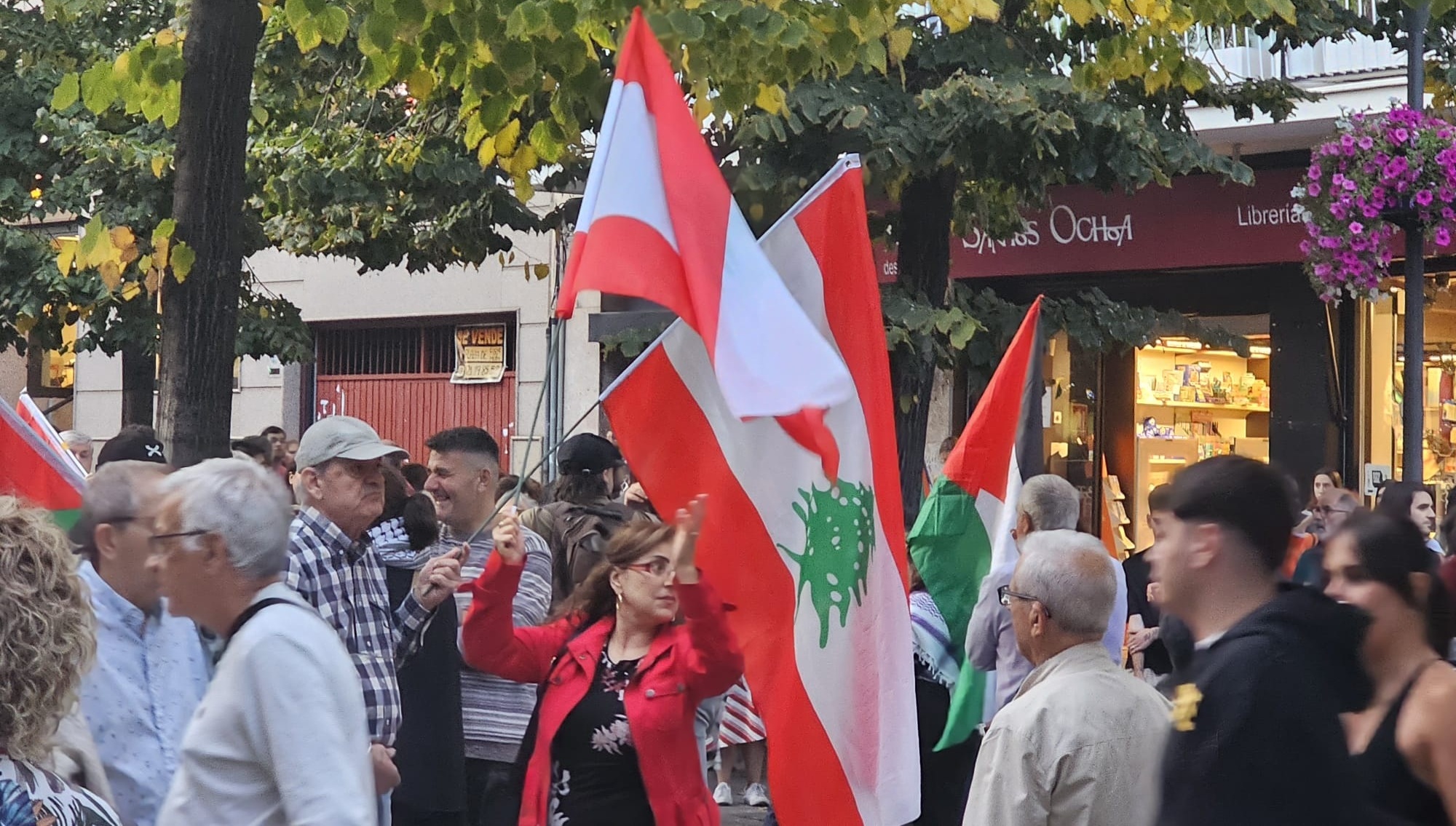 الأستاذة هيام إبراهيم في وسط الصورة حاملة العلم اللبناني - خلال إحدى الوقفات في اسبانيا دفاعاً عن الجنوب اللبناني